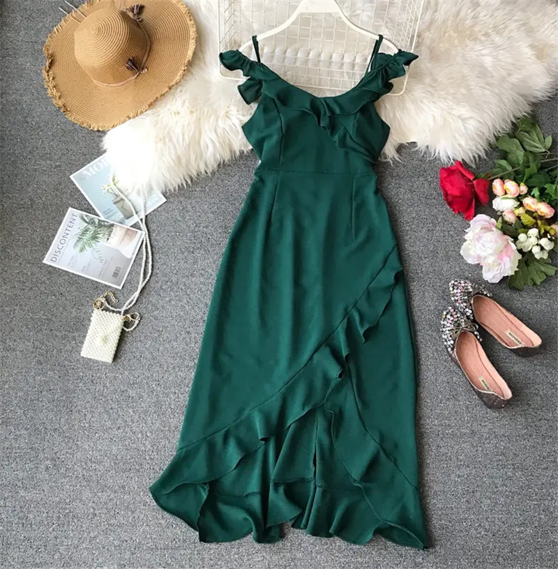 

LUOSHA Women 2019 Summer Off Shoulder Slash Neck Asymetrical RufflesChiffon Dress Women High Street Sexy Vestidos Female Dress