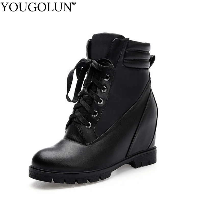

YOUGOLUN Women Ankle Boots Autumn 2018 Casual Lady Height Increasing Lace up Shoes Elegant Woman Black White Wedges Heels #B023
