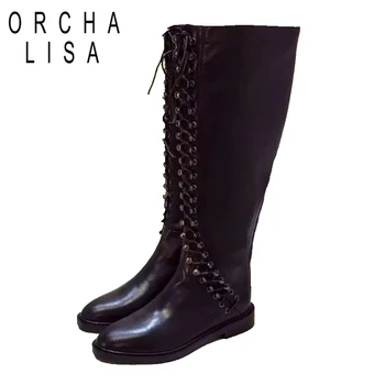 

ORCHA LISA Genuine Cow leather knee high boots women ladies Motorcycle boots cross-tied Fashion shoes woman botas mujer C927