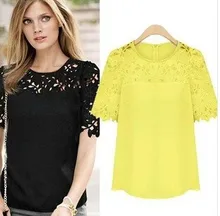 Pop ! Spring Summer New Nice Women Chiffon Blouses Hollow Out Lace Blouse Short Sleeve Shirts Plus Size Pops For Women Clothing