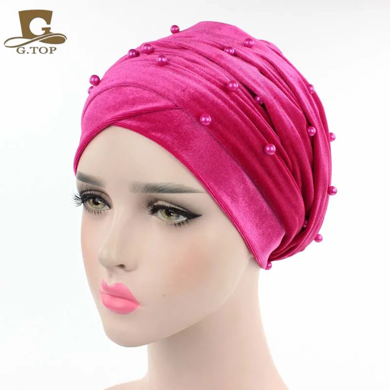 Новая роскошная женская бархатная головная повязка в виде чалмы, украшенная бусинами, с жемчужинами, удлиненная бархатная тюрбан хиджаб платок на голову - Цвет: Hot pink