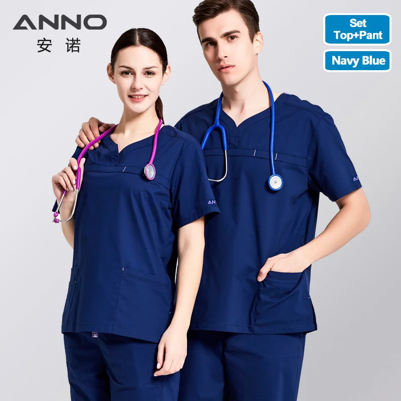 ANNO Nursing Uniforms Stretch Fabrics Clinics Suit For Women and Man Medical Surgical Scrubs Hospital Wear Medical Clothes Gowns - Цвет: Blue(ZangQing)