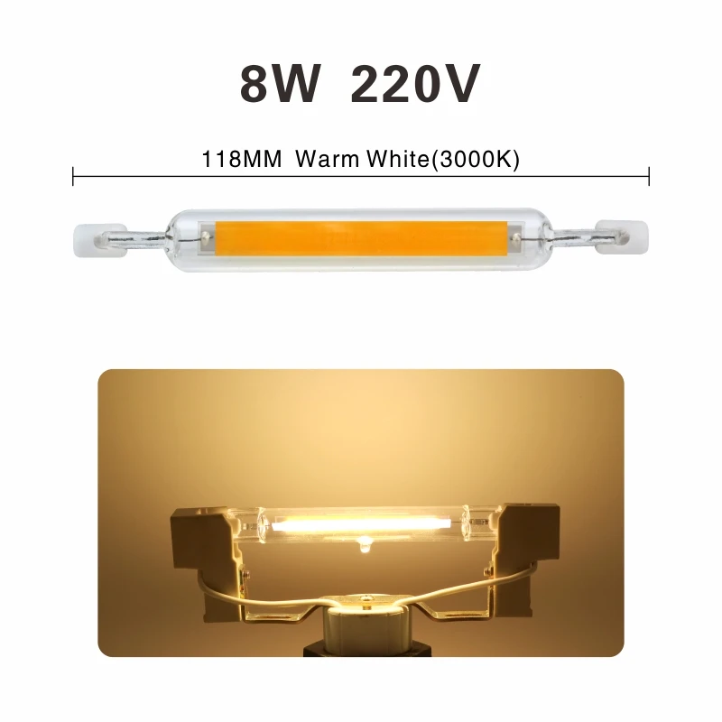 СВЕТОДИОДНЫЙ R7S стеклянная трубка 118 мм 78 мм вместо галогенной лампы Cob 220 в 230 В энергосберегающий мощный R7S светодиодный светильник 4 Вт 8 Вт - Испускаемый цвет: 118mm Warm White