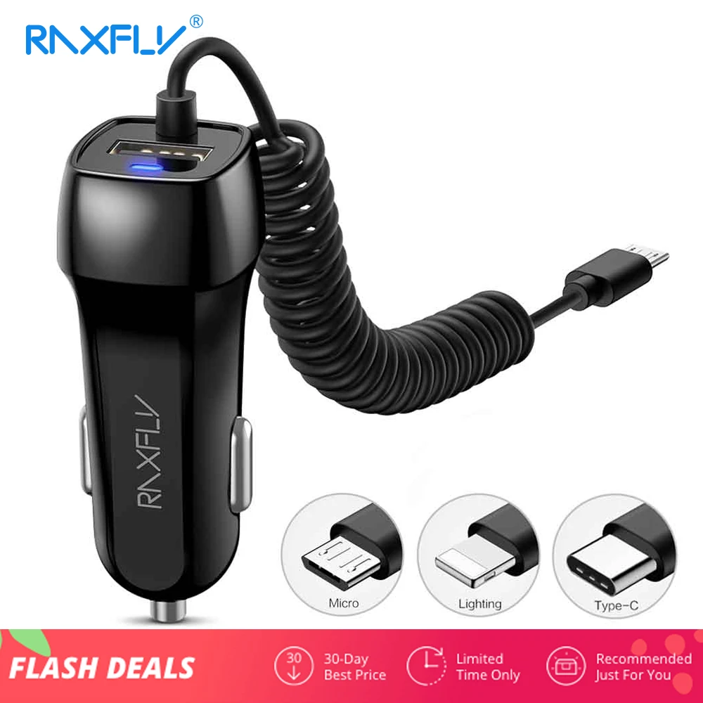 RAXFLY شاحن سيارة للهاتف المحمول USB شاحن سيارة مع كابل ل فون X 8 المصغّر USB الإضاءة نوع C شحن الهاتف محول