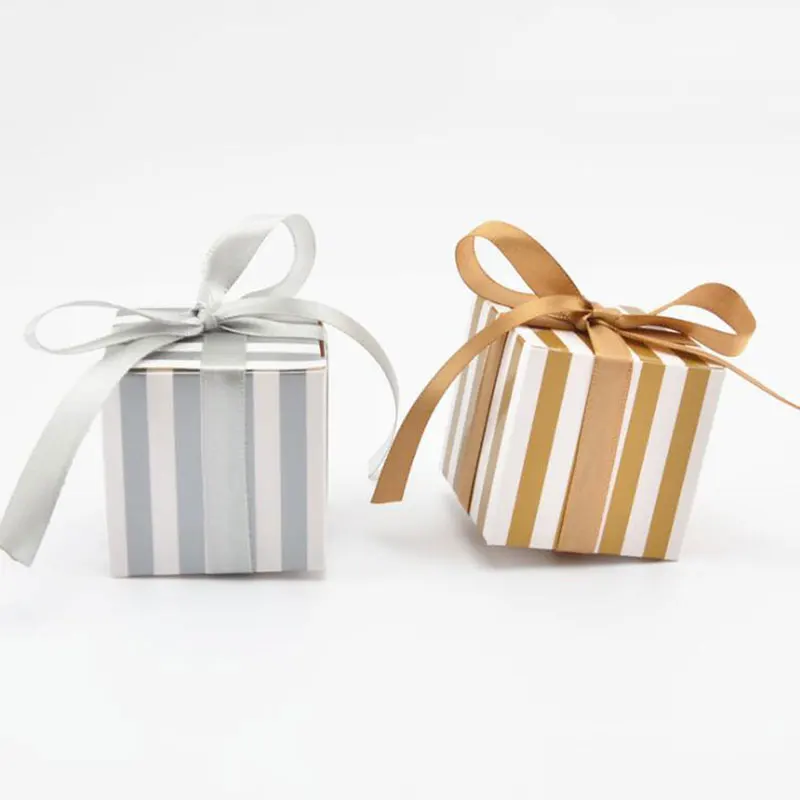 

10pcs Gold Silver Stripes Candy Box With Ribbons For Wedding Party Favors And Gifts Bag For Guest Birthday Party Decoration