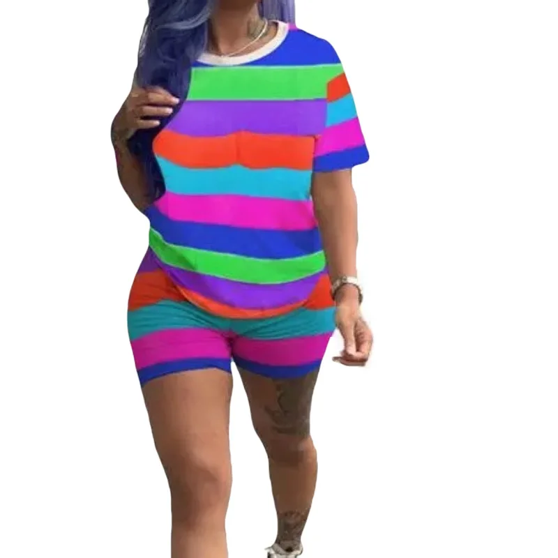 

2019 Rainbow Striped Shorts 2 Piece Matching Sets Casual Women Short Sleeve Top Biker Plus Size Outfits Loose Summer Tracksuit