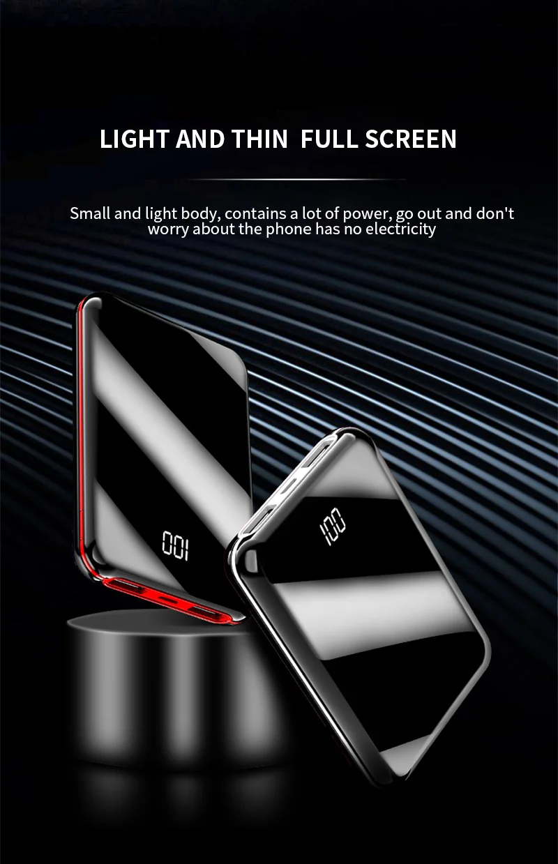 10000 мАч полноэкранный внешний аккумулятор светодиодный внешний аккумулятор портативное зарядное устройство для мобильного телефона для Xiaomi Mi Iphone 8 X