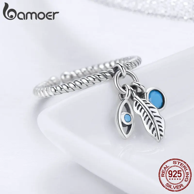 BAMOER Genuine 925 Sterling Silver Bohemian Feathers Vintage Styles Open Size Rings for Women Sterling Silver Jewelry SCR431