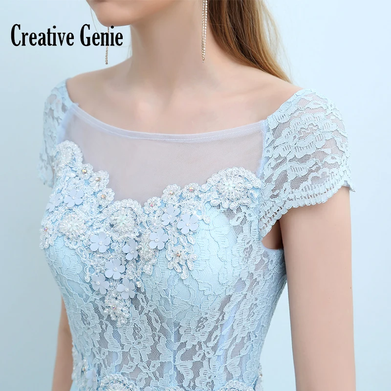 Вечерние платья 2018 с коротким рукавом и аппликацией небесно голубого цвета на