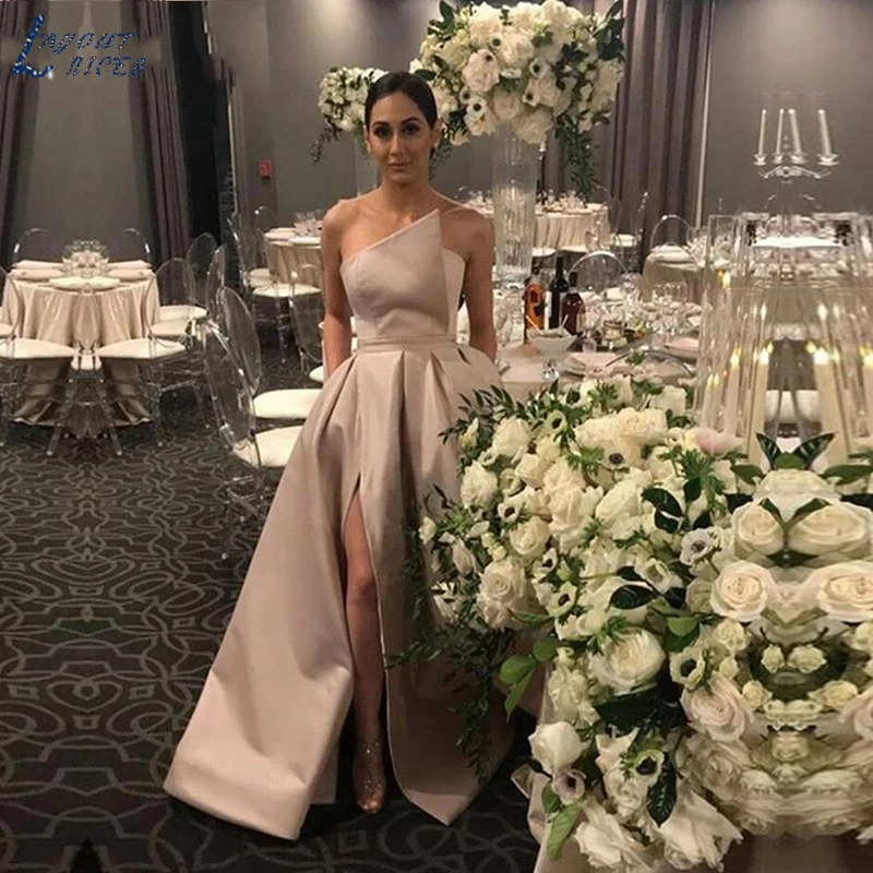 SHJ751 Long Evening Dress 2019 Simple Elegant Split Lebanon Strapless Arabic Style Champagne Women Formal Gowns | Свадьбы и