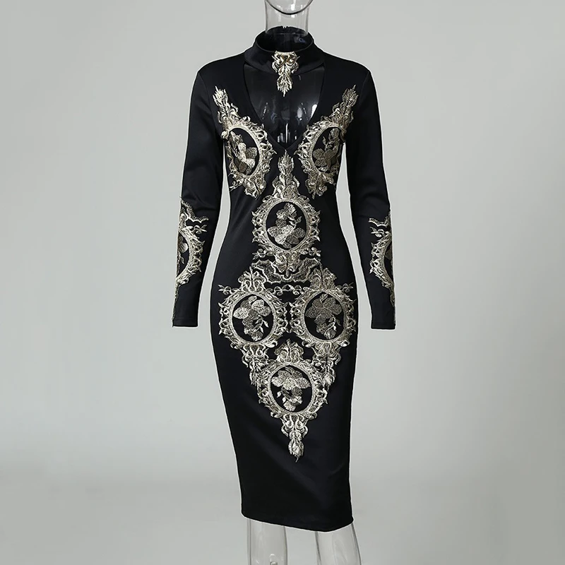 Винтажное черное облегающее платье с цветочным принтом, женское облегающее платье с длинным рукавом, облегающее сексуальное вечернее платье с v-образным вырезом, длинный рукав, длина до колена, vestidos