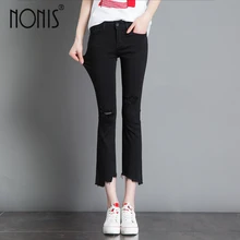 Nonis Лето г. тонкий стрейч леди джинсовые, длиной до колена женские джинсовые брюки бойфренда для девочек черные рваные расклешенные женские