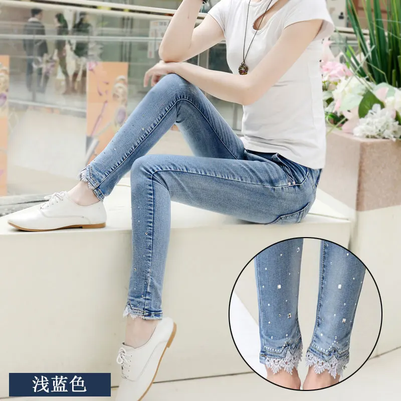 light blue Модные новые женские джинсы со стразами, женские вышитые расклешенные кружевные джинсовые брюки в стиле пэчворк, женские узкие джинсовые брюки со средней талией - Цвет: light blue