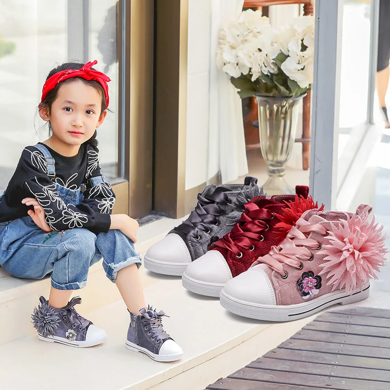 

MIAOMIAOSHU Autumn Kids Canvas High Shoes For Girls Fashion Sneakers Children Breathable Flower Non-Slip Casual Shoes Size 27-37