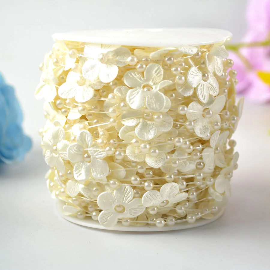 

Fishing line white/ivory pearl acrylic beads garland 4mm pearl beads string with flower petals spool 10yards