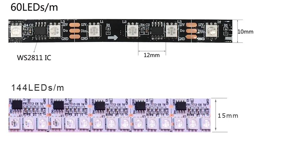 1 м 2 м 3 м 4 м 5 м WS2811 5050 SMD RGB светодиодные ленты адресуемый 30/48/60 светодиодов/m чёрно-белые печатные платы 1 Ic Управление 3 светодиода DC12V