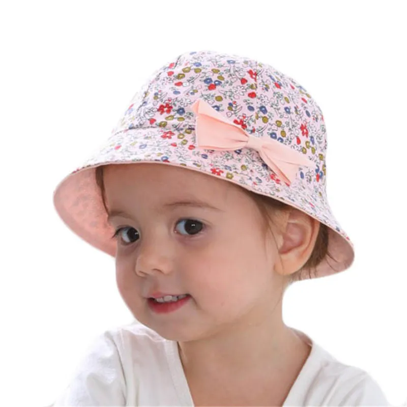 Summer Baby Girls Sun Hat Cotton Baby Bowknot Flower Print Hat Kids