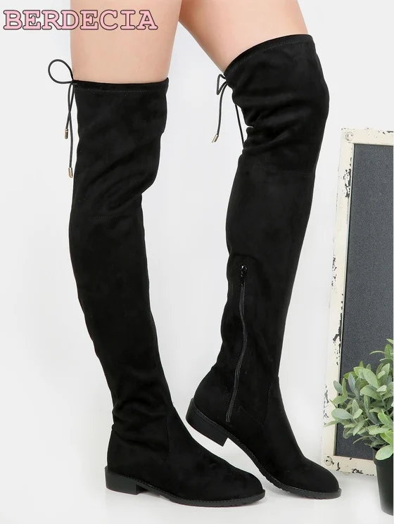 

High quality over the knee high women boots lace up black suede leather flat boots fit concise shoes for wowan free shipping