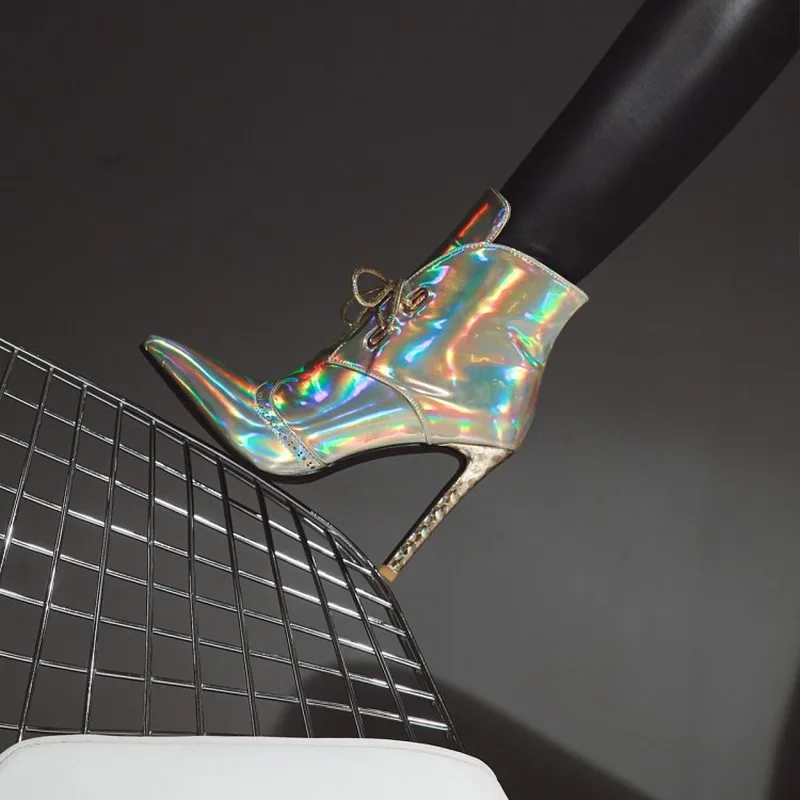 

US4-11 Womens Pointed Toe Patent Leather Ankle Boots Mirror Bling Stilettos Lace Up High Heel Shoes Gold Sliver Plus Size A1283