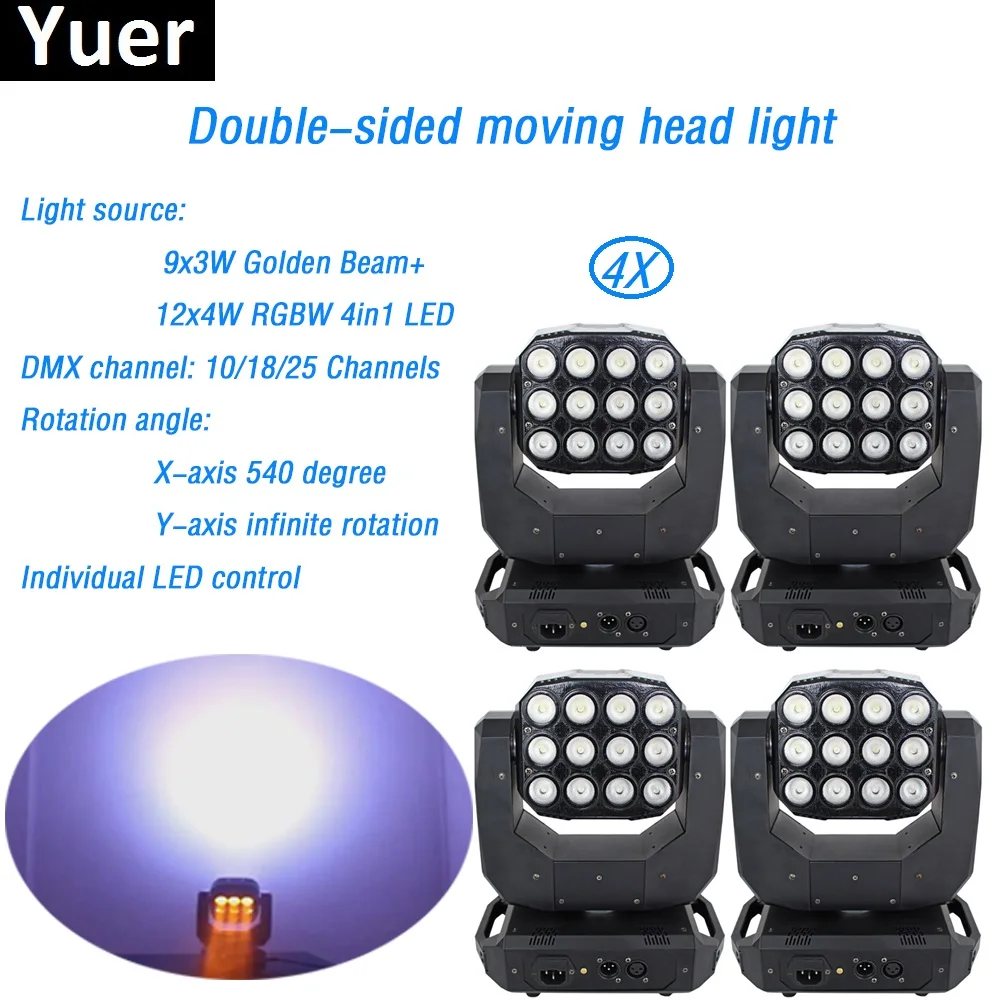 

4Pcs/Lot Double Face 9x3W Golden Beam+12x4W RGBW 4in1 LED Moing Head DMX512,Individual LED control for dj light disco lights