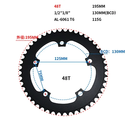 36T 39 т 42 44 46T 48 т 52 велосипеды Crank диаметра окружности болтов(цепное колесо зубчатое колесо цепной передачи цепочка, зуб срез ремонт Запчасти для односкоростной - Цвет: black 48t