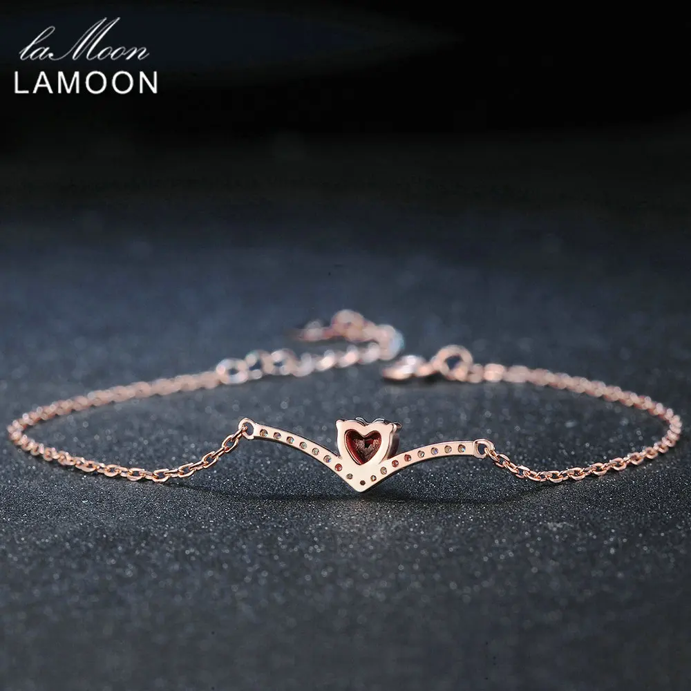 Lamoon Love Heart Charm Bracelet For Women 100% Natural Red Gemstone 0.3ct Garnet 925 Sterling Silver Fine Jewelry 18KGP LMHI011