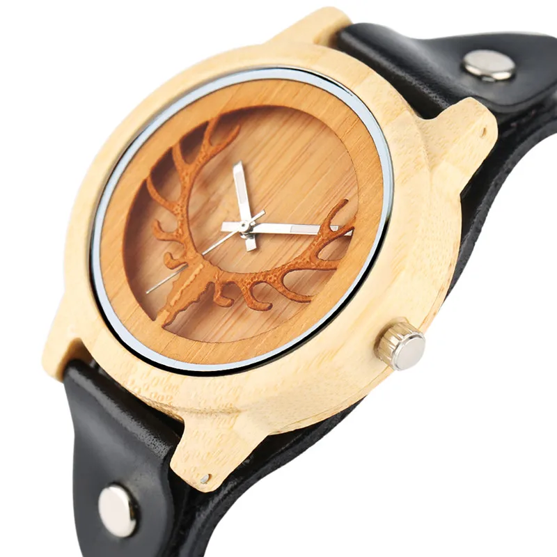 

Unique Men Watches Wood Antlers Staghorn Face Leather Deer Stag Elk Moose Style Punk Bamboo Quartz Watch Nature Women Wristwatch