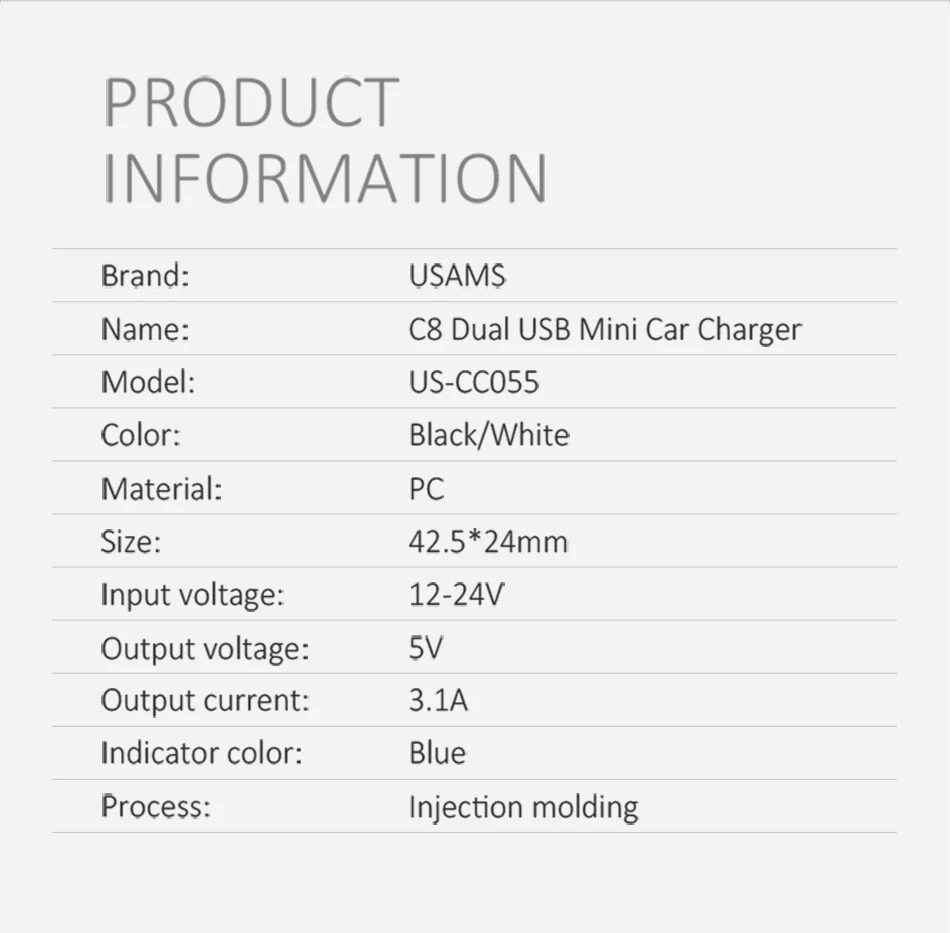 Модернизированное Мини Автомобильное зарядное устройство, USAMS 2 порта USB Smart 3.1A 2.4A Максимальная быстрая зарядка автомобильное usb-устройство для зарядки телефона двойное автомобильное зарядное устройство универсальное