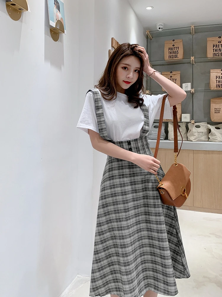 Женская винтажная клетчатая юбка Повседневная Длинная на бретельках с высокой