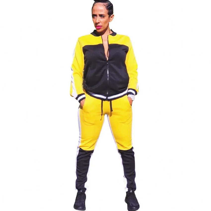 

Spring 2018 CasSweatshirt Sweat aul Tracksuit Women 2 Piece Set Top And Pants Satin Striped Patchwork Zipper Sexy Suit