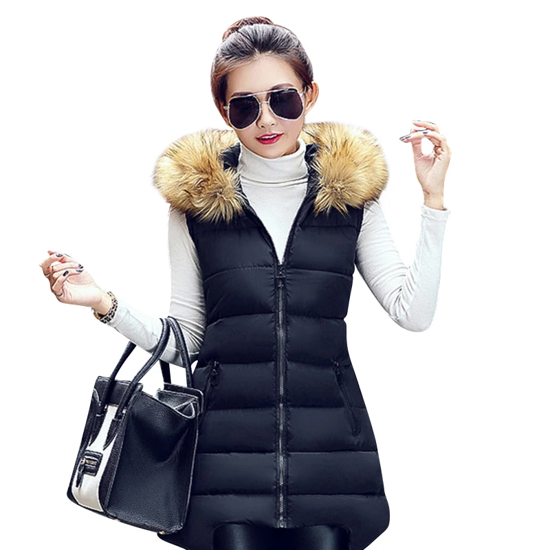 

Nice Fashion Winter Women Vest Waistcoat Womens Long Sleeveless Jacket Fur Hooded Cotton Vests Warm Female