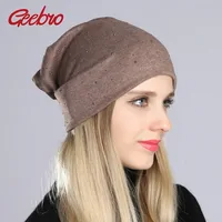 Geebro Women's Beanie Hat with Rhinestones Ladies Spring Plain Color Cotton Knitted Slouchy Beanies Bonnet Female Skull Beanie 2