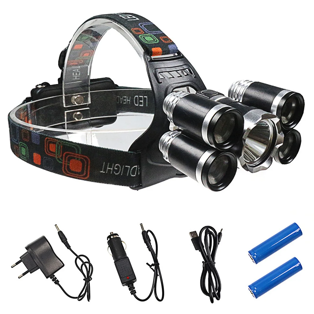 

USB Rechargeable 5LEDs XML T6 q5 Headlamp Zoomable LED Headlight 4 Modes Front Head Torch Waterproof Fishing Head Light