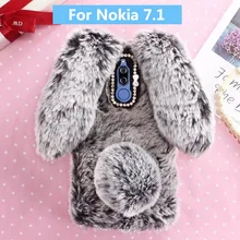 Плюшевый чехол с кроликом для Nokia 7,1 мягкий мех милый 3D уши кролика ТПУ бриллиантовый пушистый чехол для телефона