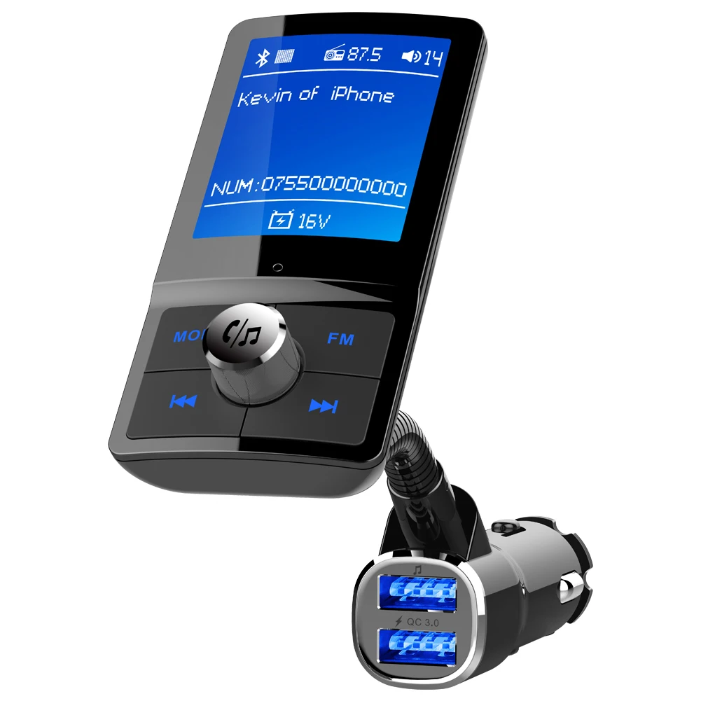 

Color Screen FM Transmitter Car MP3 Wireless Bluetooth Handsfree Car Kit Audio AUX Modulator with QC3.0 Dual USB Charge