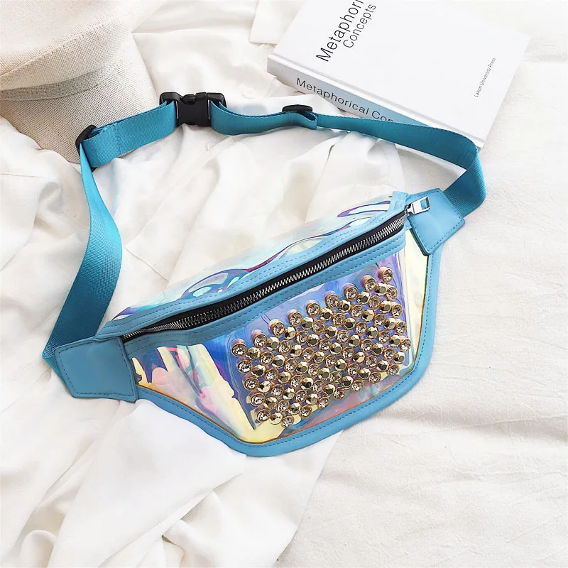 Модная женская сумка на пояс из ПВХ, сумка на пояс для путешествий, сумка на плечо, сумка на грудь, спортивная сумка, новая вместительная сумка на пояс - Цвет: Blue rivet