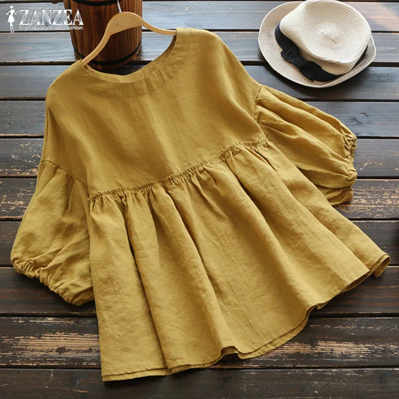 Kaufen Mode Rüschen Bluse Sommer frauen Tunika 2019 ZANZEA Vintage Casual Leinen Tops Weibliche 3 4 Laterne Hülse Blusas Gefaltete Shirts