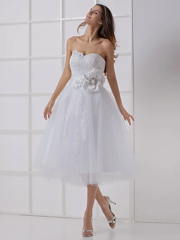 Short Tea Length Ball Gown Wedding Dresses White Sweetheart Appliques ...