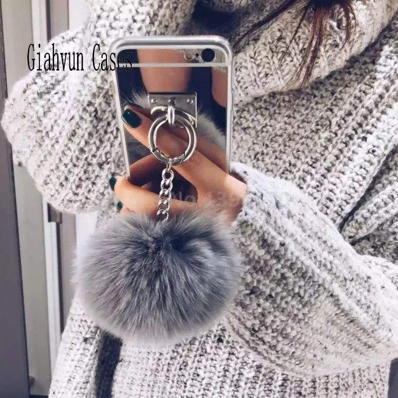 

Silver Metal Rope Mirror Tassel soft fluffy warm Fake Rabbit Fur pompom For LG G3 G4 G5 G6 V10 V20 V30 G7 phone Case cover