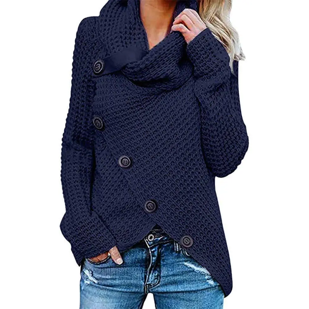 

New Fashion Button Type Asymmetric Knitted Sweater Long Sleeve Solid Color Women Knitwear