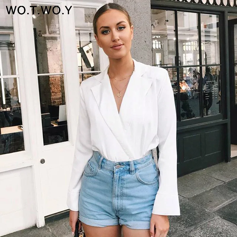 WOTWOY Spring Autumn Long Sleeve Bodysuit Women Casual Cotton White Bodysuits Women 2018 Deep V Neck Chic Tops Female New 