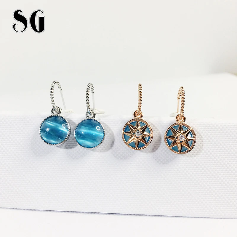 

SG 2019 New 925 Sterling Silver Blue Opal Round Drop Earrings with Star cubic zirconia For Women Fashion Jewelry Free Shipping