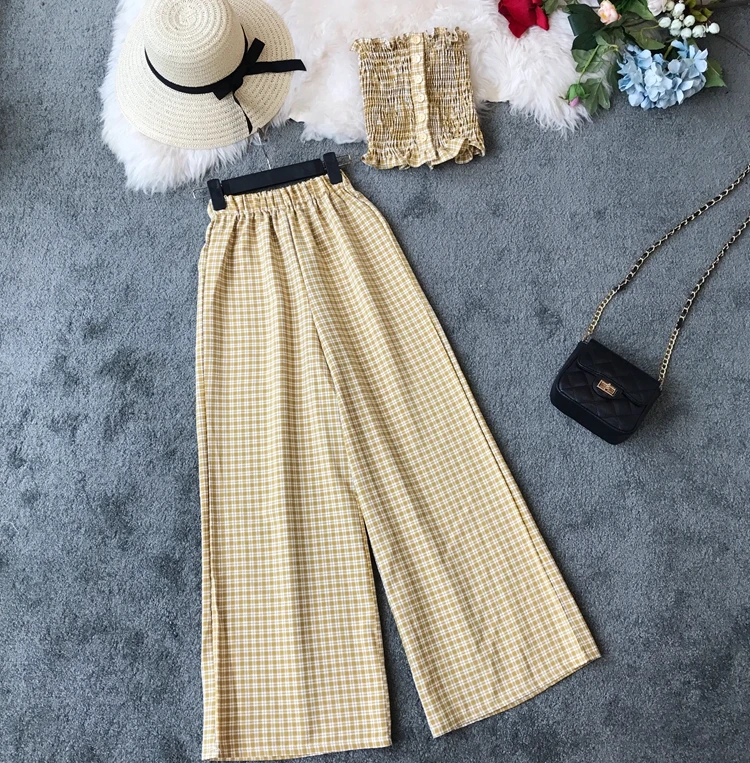 

Stretchy Plaids Top + Wide-leg Pants Women Summer Casual 2pcs Sets Single Breasted Camis Crop Top Trousers Clothings