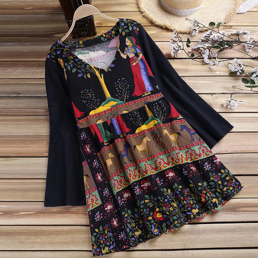 

Feitong Boho Women Casual Blouses Shirts Ladies National Style Loose Cotton Linen Long Tops blusas mujer de moda 2019 Plus Size