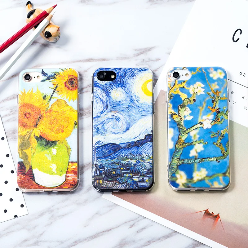 AKI Relief Phone Case for iPhone 6s 6 Plus Case Emboss Artistic Van Gogh Starry Night Soft for iPhone X iPhone 8 7 Plus Case
