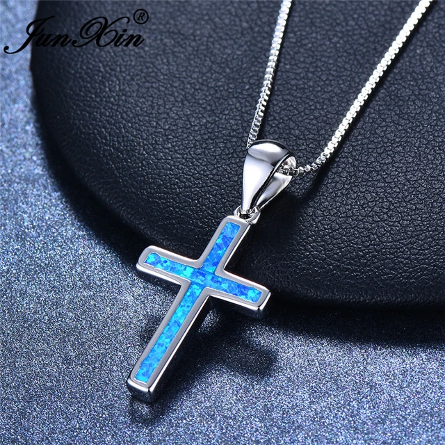 Women Mini Blue Opal Cross Dainty Mini Christian Pendant Necklace Silver  Chain