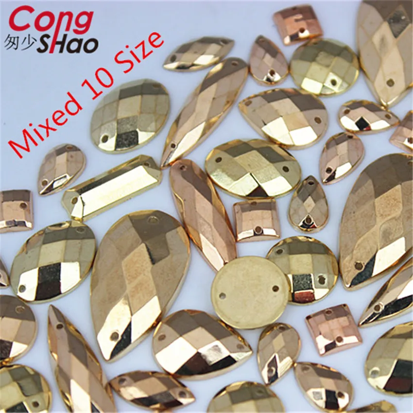 Cong Shao, 100 шт, разноцветные акриловые стразы золотистого цвета 10 размеров с плоской задней стороной, камни и кристаллы, 2 отверстия, для шитья, сделай сам, пуговицы для костюма, 8Y225