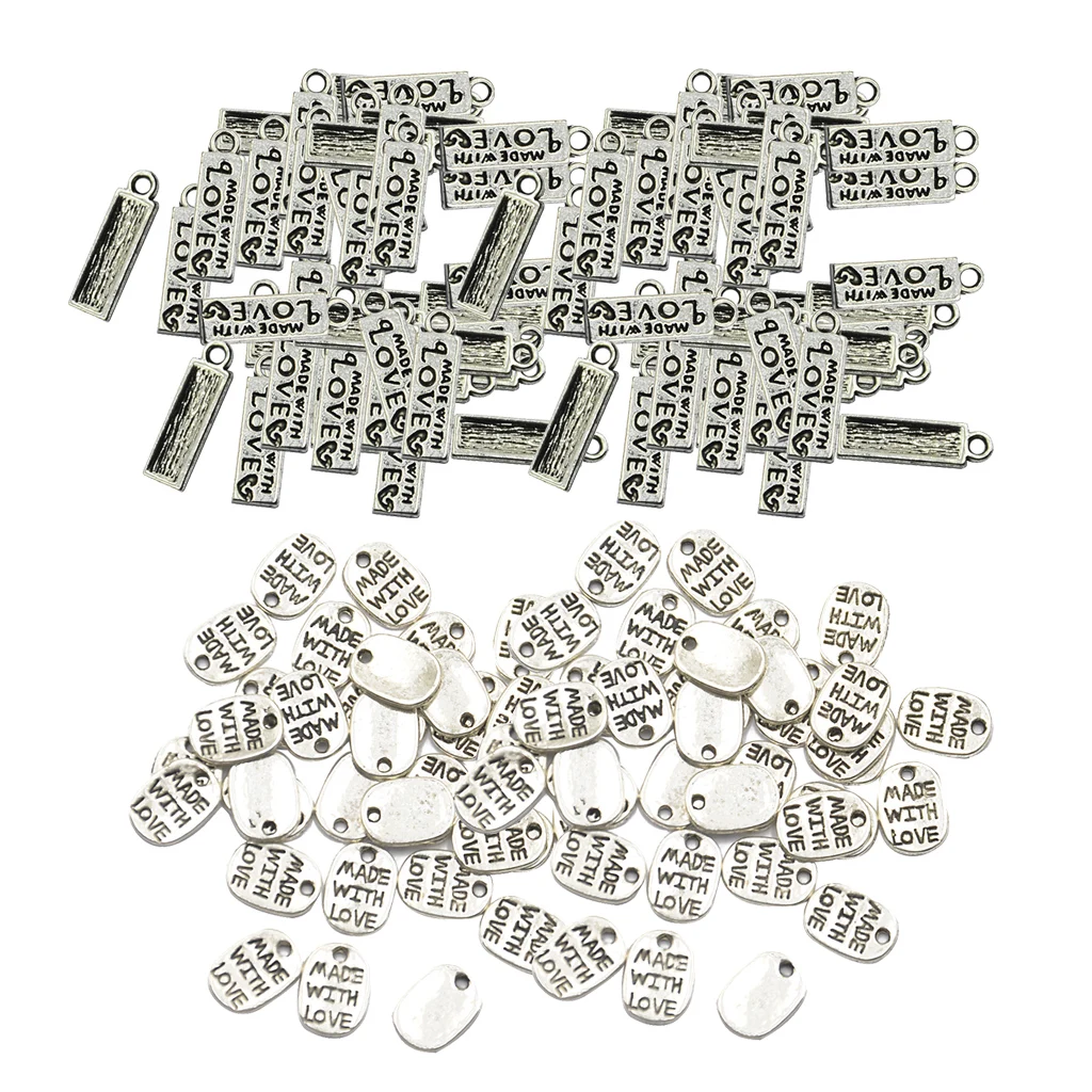 200pcs Jewelry Making Charm Rectangle Pendants MADE WITH LOVE Antique Design DIY Apparel Sewing Buttons Silver 