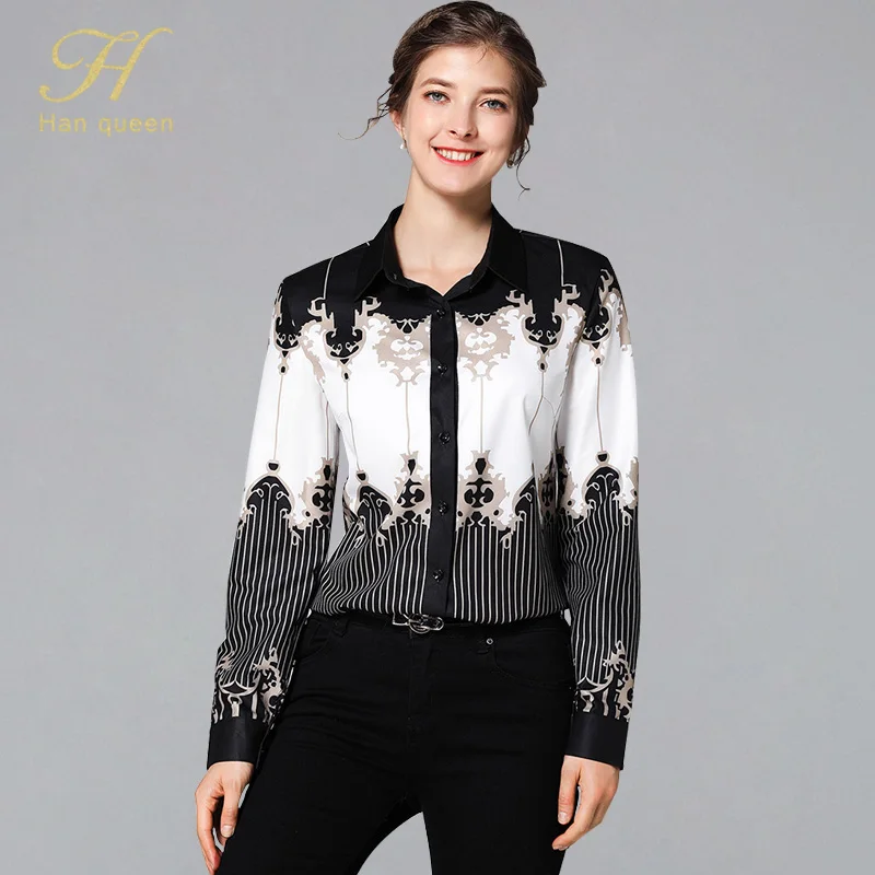 

H Han Queen Women 2019 Spring New Print Shirt Long Sleeve Striped Casual Fitted Blouses European Style Plus Size Blousa Female
