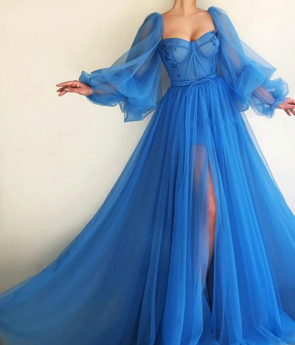 Синий Дубай Вечерние платья Длинные Сексуальные разрез v-образным вырезом бисером официальное платье из тюли для вечеринки robe de soiree - Цвет: Синий